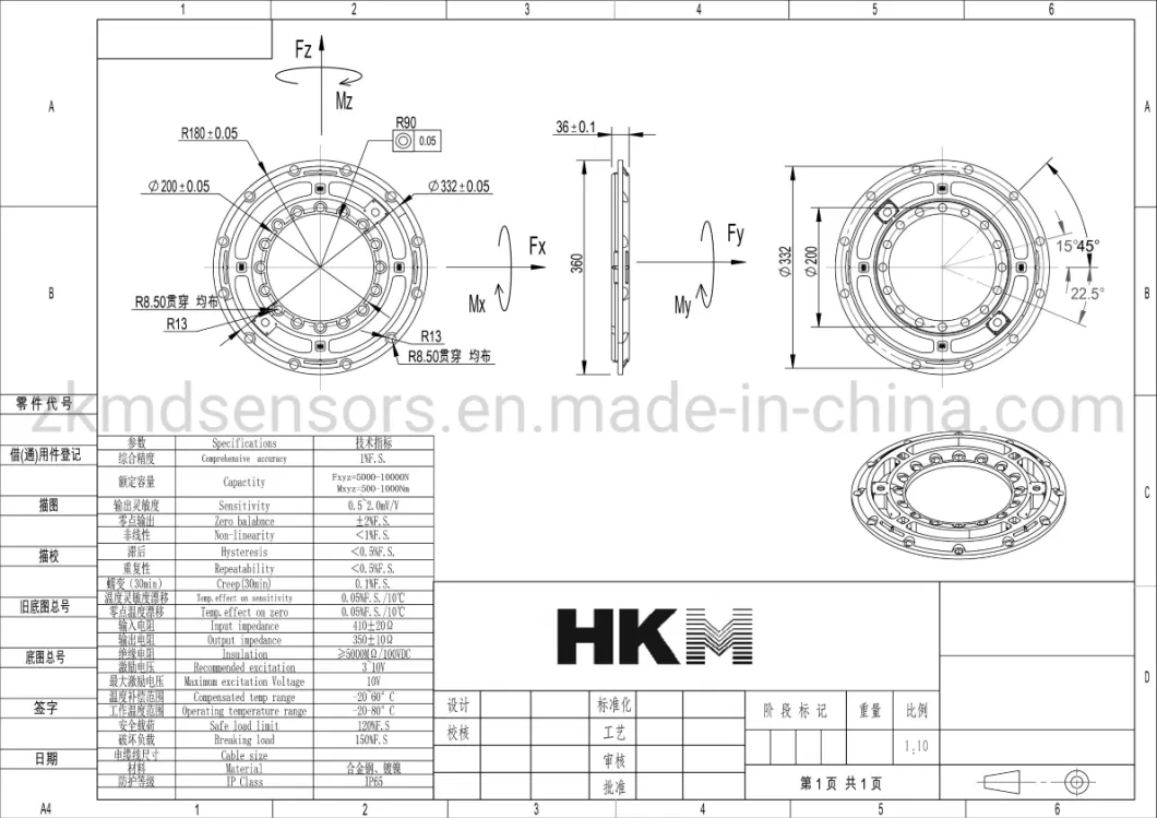 Zkmd Custom Made 6 Axis Wheel Force Sensor